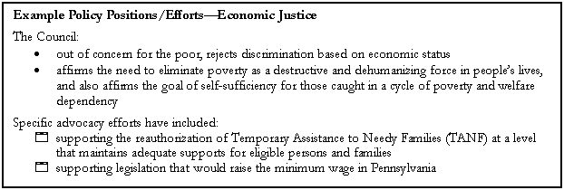 Text Box: Example Policy Positions/EffortsEconomic Justice
The Council:
	out of concern for the poor, rejects discrimination based on economic status
	affirms the need to eliminate poverty as a destructive and dehumanizing force in peoples lives, and also affirms the goal of self-sufficiency for those caught in a cycle of poverty and welfare dependency
Specific advocacy efforts have included:
4	supporting the reauthorization of Temporary Assistance to Needy Families (TANF) at a level that maintains adequate supports for eligible persons and families
4	supporting legislation that would raise the minimum wage in Pennsylvania

