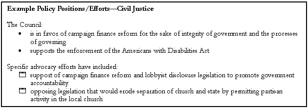 Text Box: Example Policy Positions/EffortsCivil Justice

The Council:
	is in favor of campaign finance reform for the sake of integrity of government and the processes of governing
	supports the enforcement of the Americans with Disabilities Act

Specific advocacy efforts have included:
4	support of campaign finance reform and lobbyist disclosure legislation to promote government accountability
4	opposing legislation that would erode separation of church and state by permitting partisan activity in the local church

